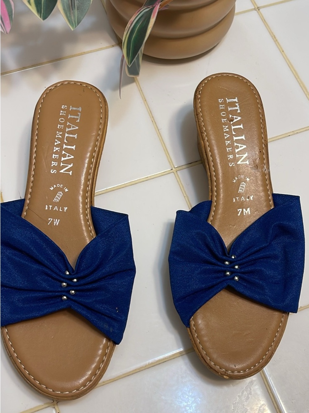 Italian Shoemakers Navy Bow Slide Sandals with Stud Detail